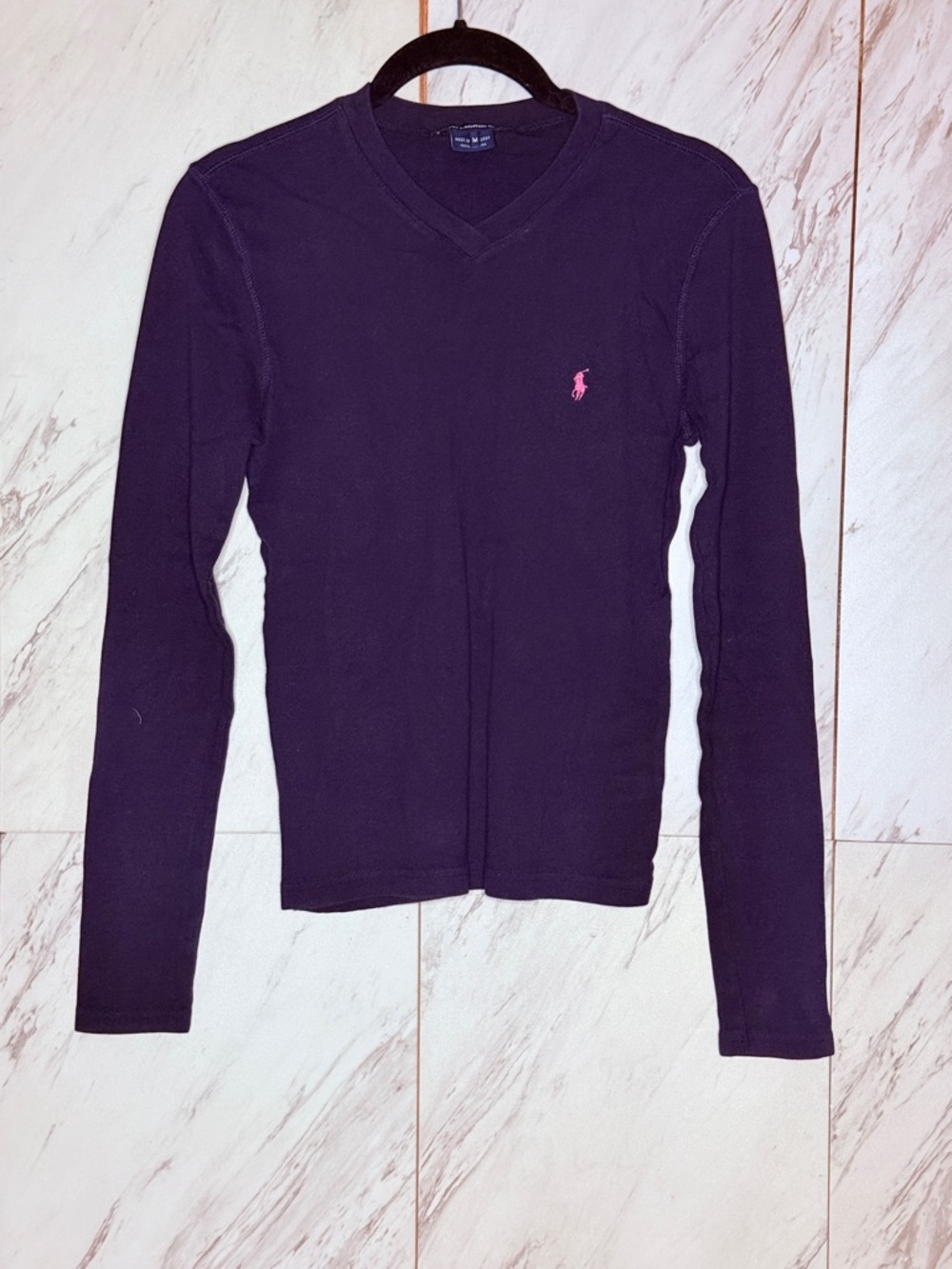 3/$50 Ralph Lauren Sport Navy Blue w/ Pink Pony Cotton Long Sleeve V-Neck Top M